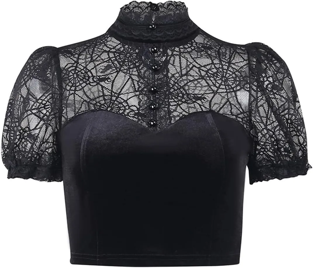 Gothic Crop Top for Women Goth Fairy Grunge Tank Tops Punk T-Shirt Streetwear Workout Tees Emo Blouse