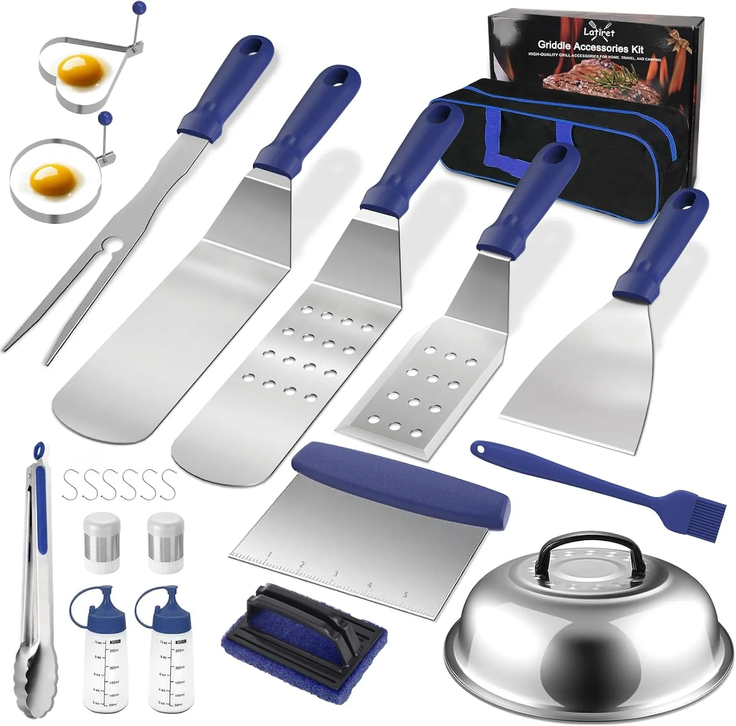 Griddle Accessories Kit, 23Pcs Grilling Accessories Set for Camp Chef, Flat Top Griddle Accessories with Scraper, Spatula, Basting Cover, Tongs, Egg Ring, Outdoor Grill Tools Blue