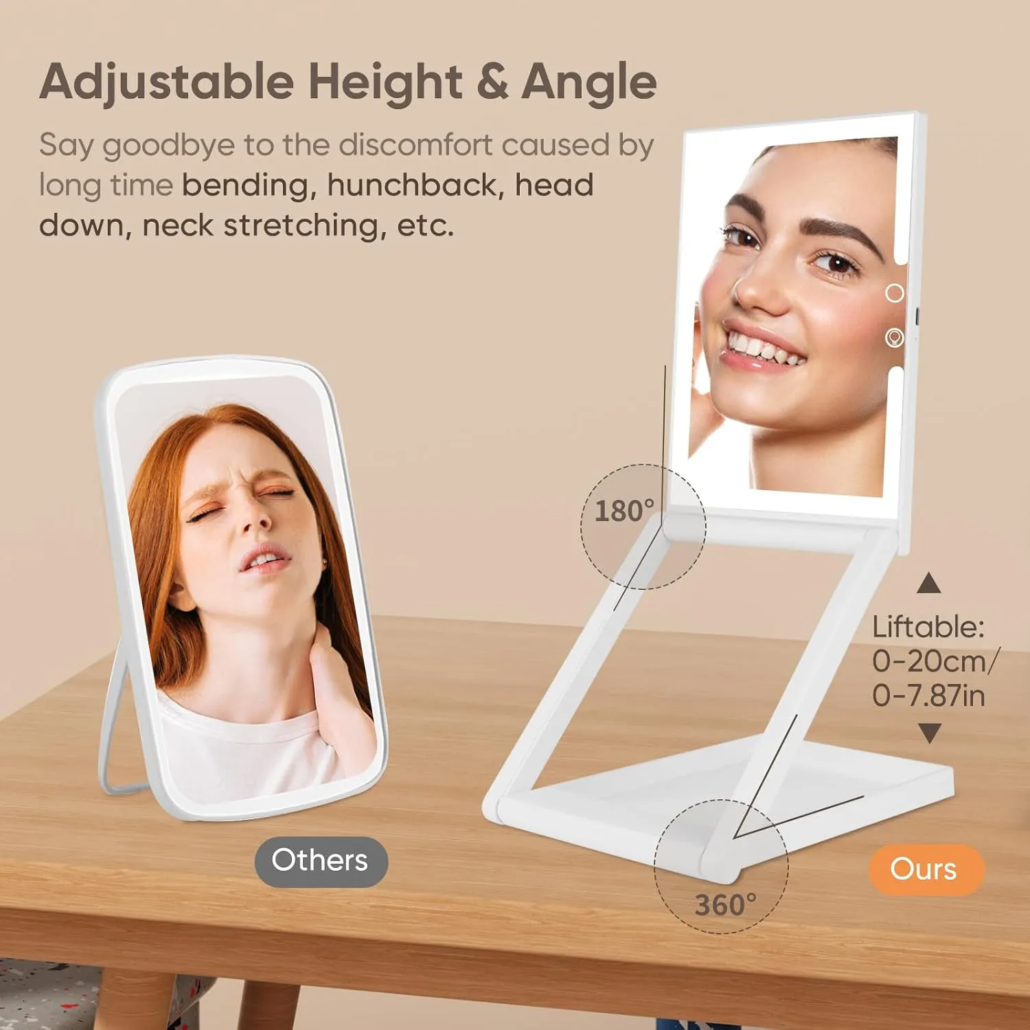 GURUN Adjustable Height Portable Folding Travel Makeup Mirror with 3 Colors Light 10X Magnification 2000mha Rechargeable Tabletop Vanity Mirror Brightness Adjustable M3003-2000