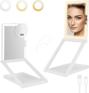 GURUN Adjustable Height Portable Folding Travel Makeup Mirror with 3 Colors Light 10X Magnification 2000mha Rechargeable Tabletop Vanity Mirror Brightness Adjustable M3003-2000