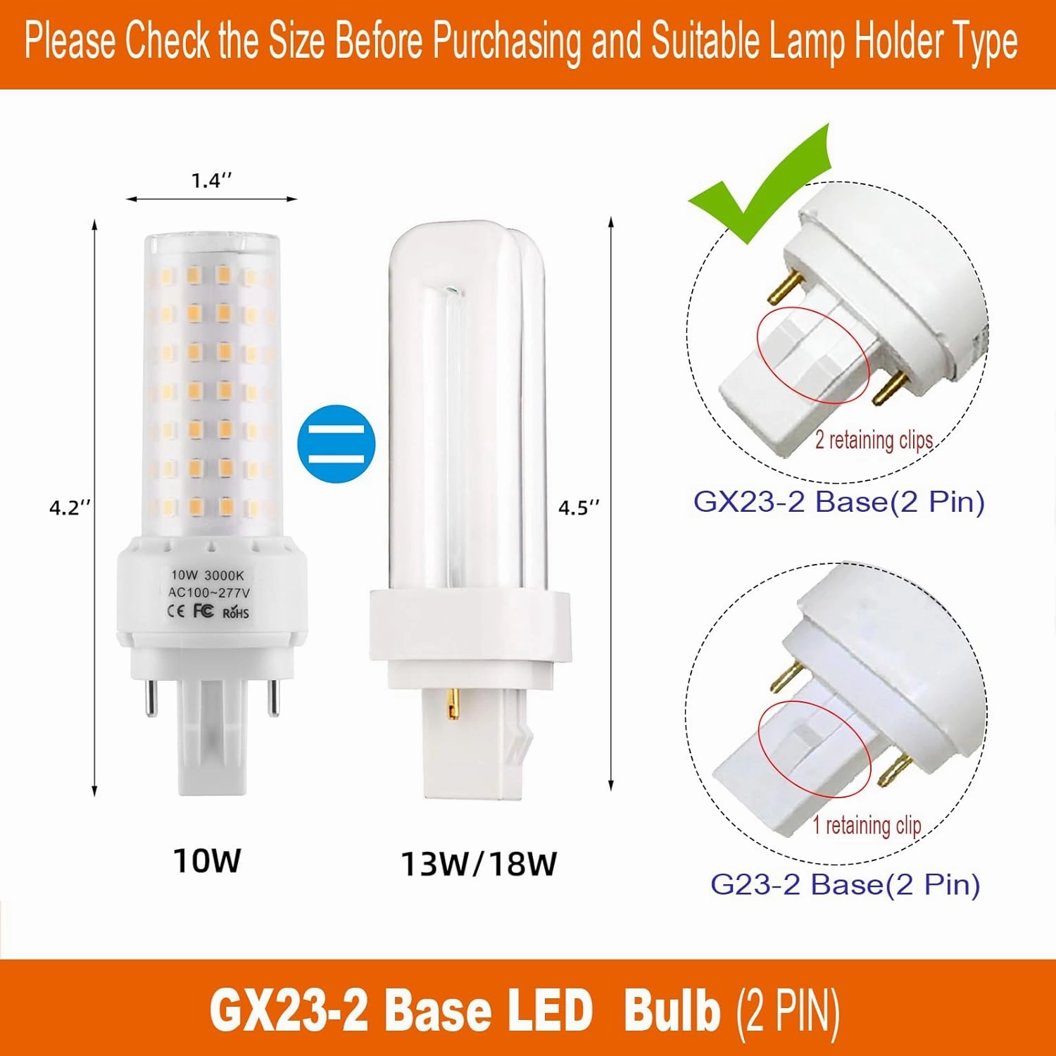 GX23-2 Base LED Light Bulb Plug and Play,3000K Warm White 2Pin LED PL Bulb, 13W 18W CFL Equivalent, Ballast Compatible (Warm White, 10W 2pcs)