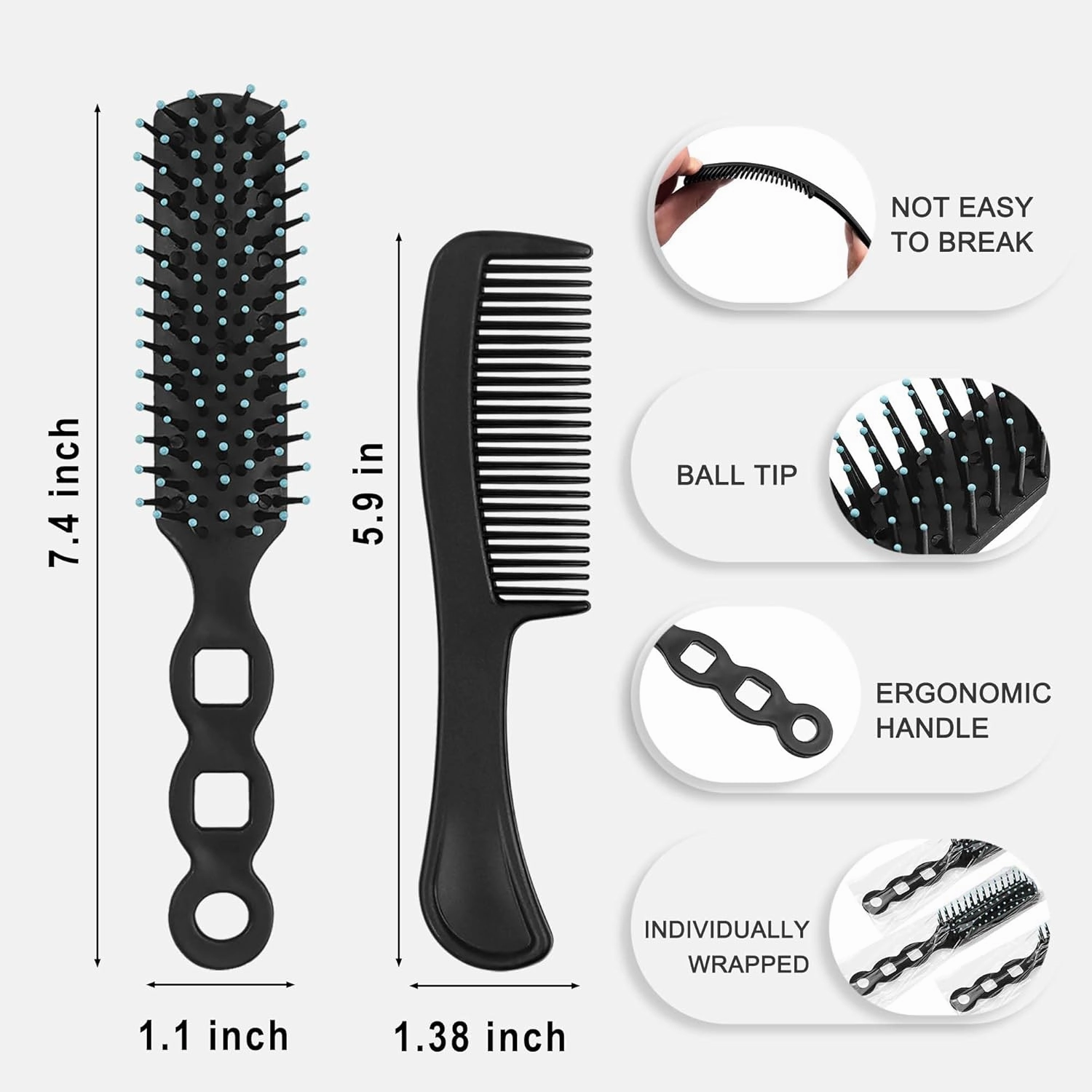 Hair Brush and Comb Set, 100 Pcs Bulk for Homeless Individually Wrapped, Lightweight Hair Brush and Comb for Women Kids Hotel Travel (Black)