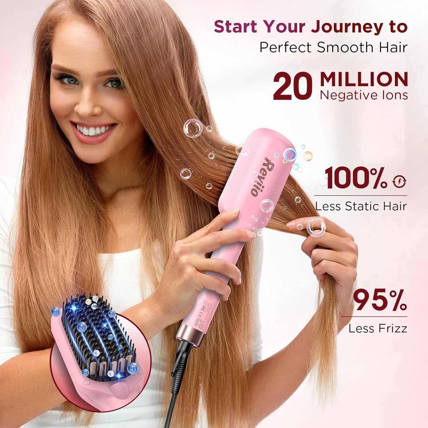 Hair Straightener Brush, 30s Fast Heated Negative Ionic Hair Straightening Brush, Global Voltage, 16 Temp Modes, Anti-Frizz & Anti-Scald & Auto Temperature Lock & Auto-Off Function-Pink