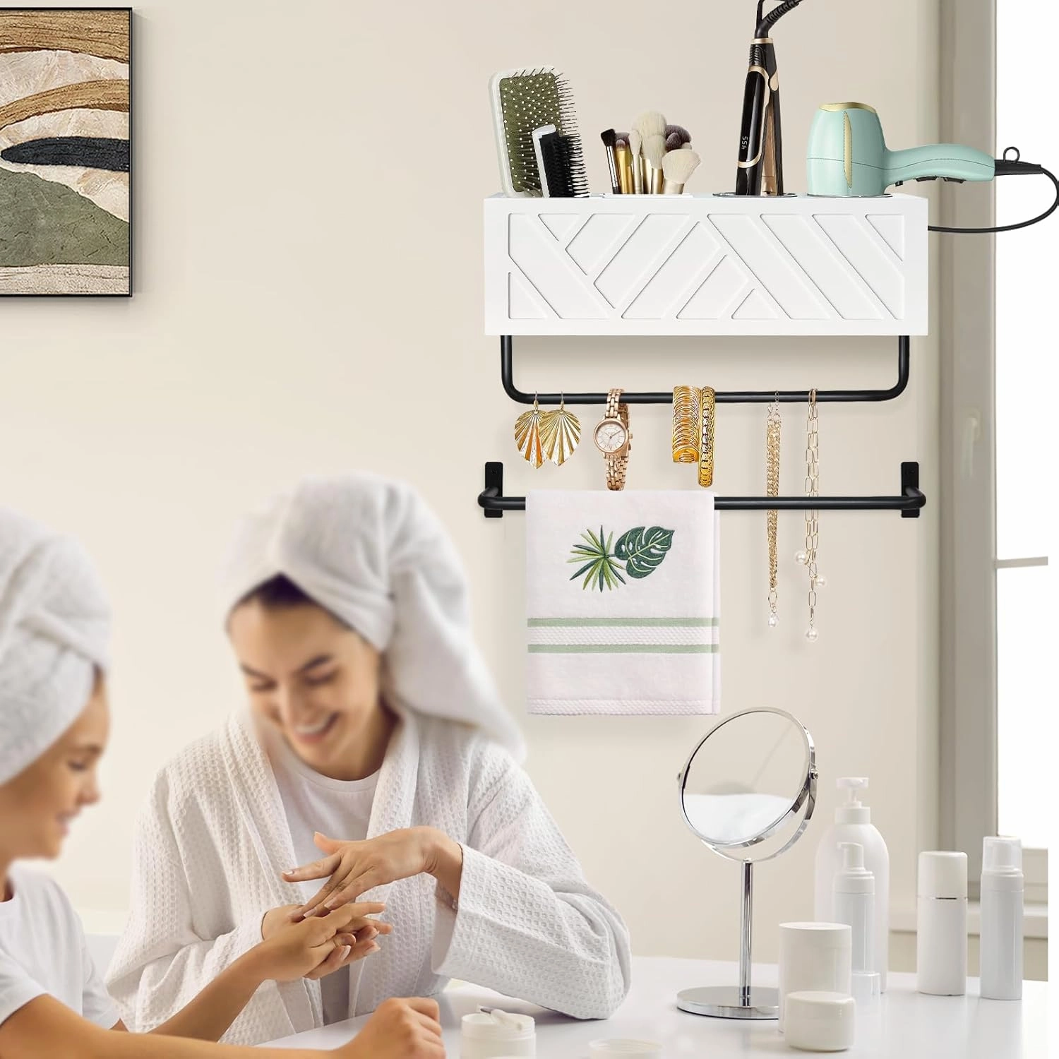 Hair Tool Organizer Wall Mount, Hair Dryer Holder with 2 Towel Bars, Wood Hot Tools Organizer, Rustic Bathroom Organizer Blow Dryer Holder for Bathroom Decor, Flat Iron, Curling Wand, Brushes(White)
