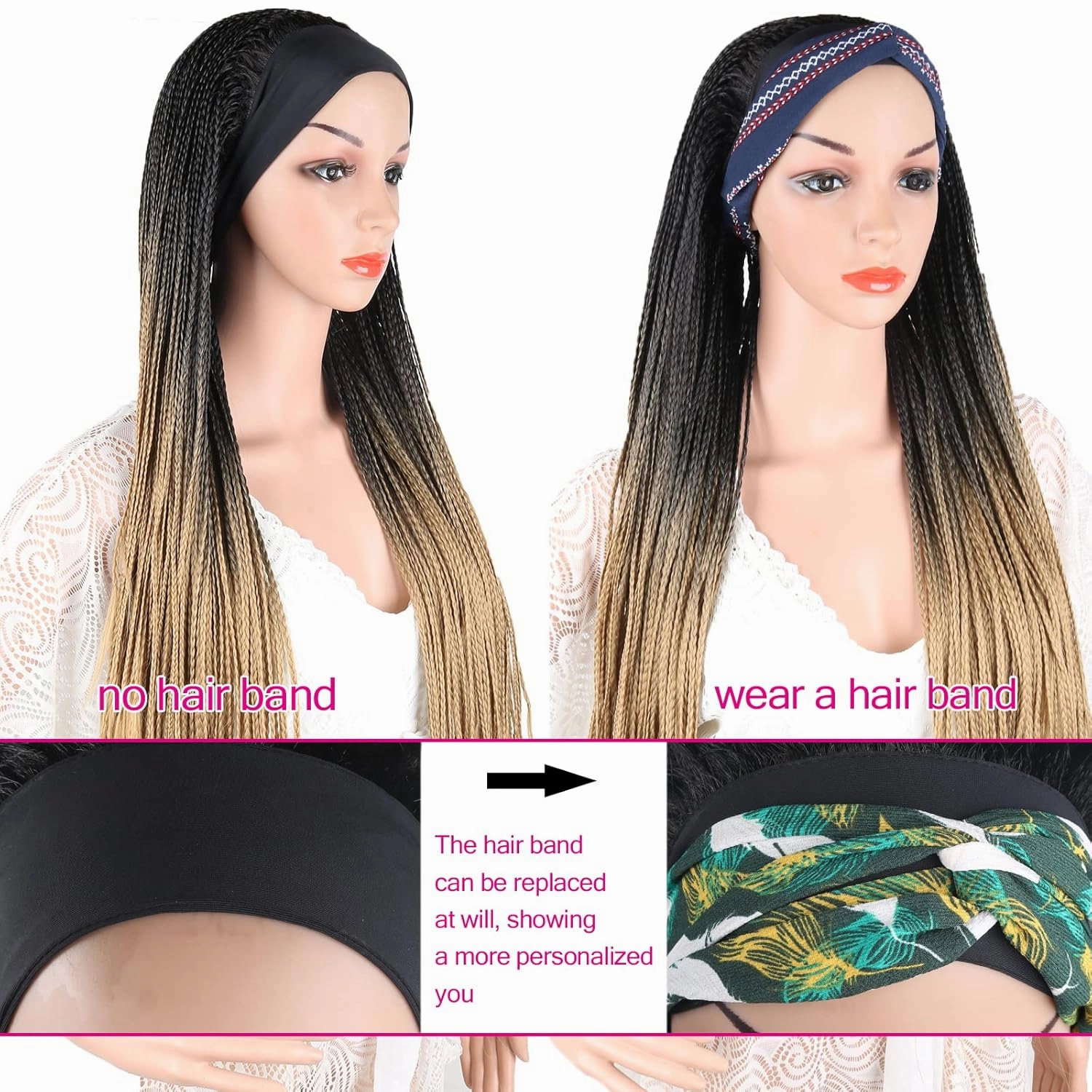 Headband Braided Wig for Black Women - Box Braid, Knotless, Faux Locs, Long Blonde Ombre Brown Twist Crochet Synthetic Ice Silk Wrap - 30 Inch