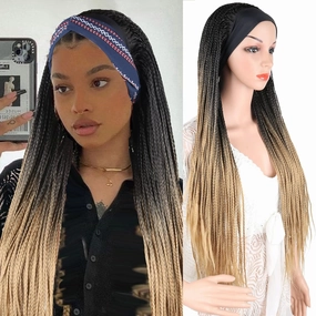Headband Braided Wig for Black Women - Box Braid, Knotless, Faux Locs, Long Blonde Ombre Brown Twist Crochet Synthetic Ice Silk Wrap - 30 Inch