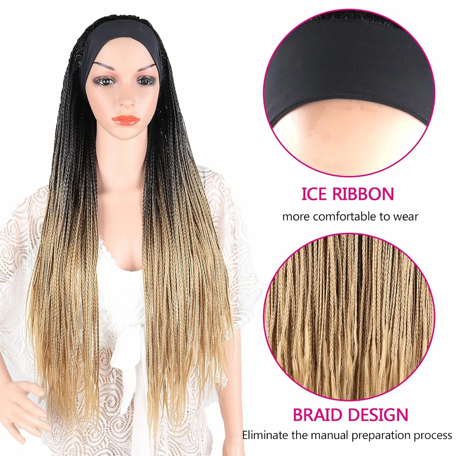 Headband Braided Wig for Black Women - Box Braid, Knotless, Faux Locs, Long Blonde Ombre Brown Twist Crochet Synthetic Ice Silk Wrap - 30 Inch