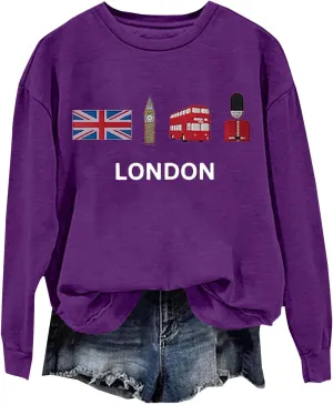 Heevina London Uk Big Ben British Flag Soldier Public Bus Sweatshirt For Women Crewneck Pullover Tops