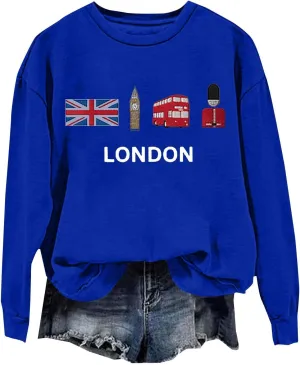 Heevina London Uk Big Ben British Flag Soldier Public Bus Sweatshirt For Women Crewneck Pullover Tops