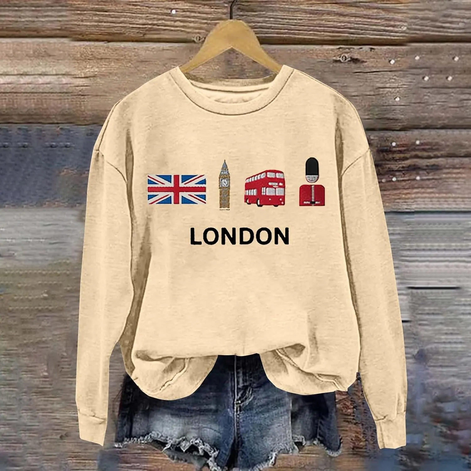 Heevina London Uk Big Ben British Flag Soldier Public Bus Sweatshirt For Women Crewneck Pullover Tops