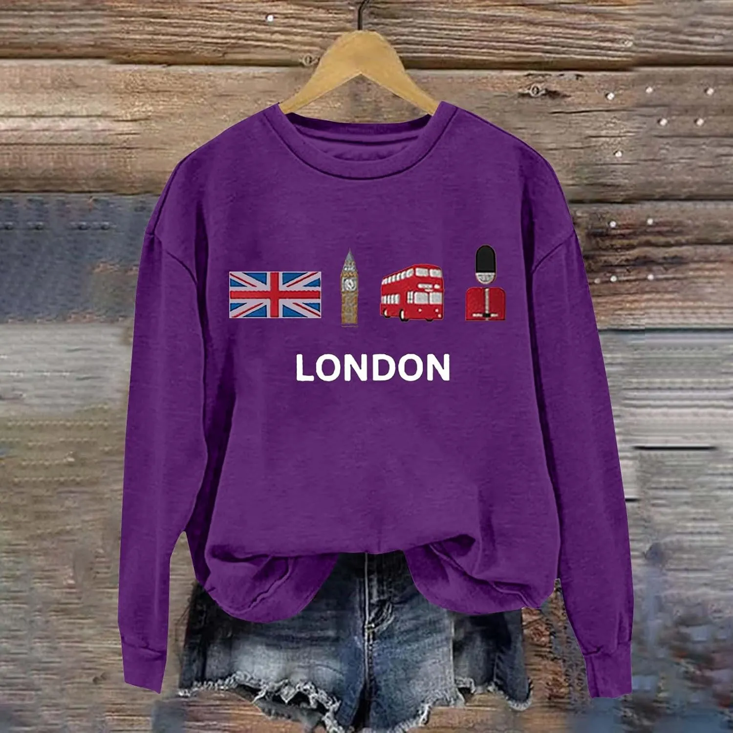 Heevina London Uk Big Ben British Flag Soldier Public Bus Sweatshirt For Women Crewneck Pullover Tops