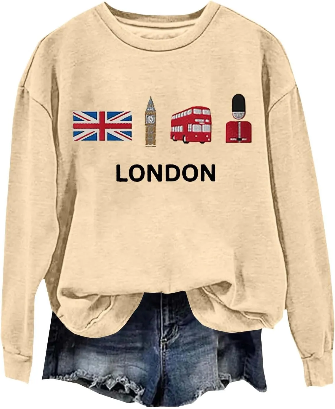 Heevina London Uk Big Ben British Flag Soldier Public Bus Sweatshirt For Women Crewneck Pullover Tops
