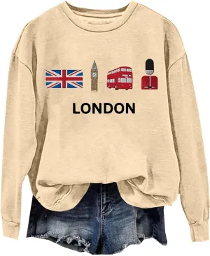 Heevina London Uk Big Ben British Flag Soldier Public Bus Sweatshirt For Women Crewneck Pullover Tops