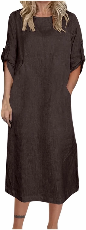 HGps8w Women's Loose Cotton Linen Dress Roll-Up 3/4 Sleeve Crewneck Casual Solid Vintage Maxi Long Tunic Dresses