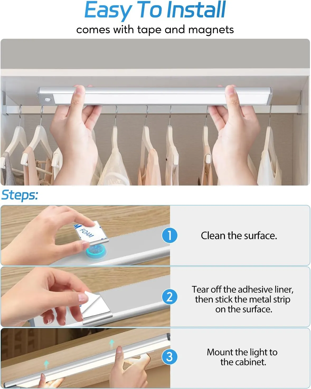 HIBOITEC Under Cabinet Lights - Motion Sensor, 3 Color Temperatures Wireless Rechargeable Night Lights, Dimmable for Kitchen, Wardrobe, Closets, Cupboard