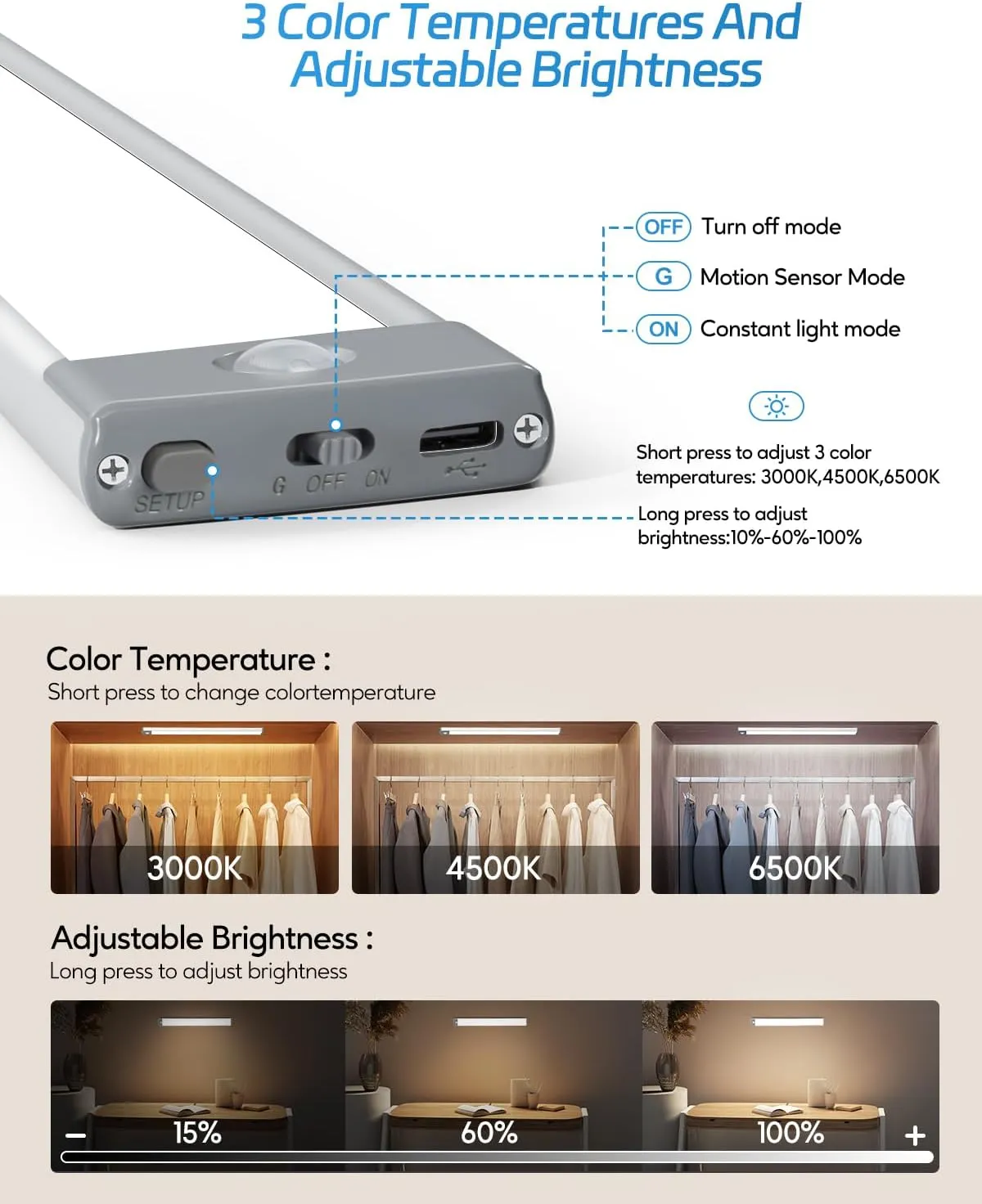 HIBOITEC Under Cabinet Lights - Motion Sensor, 3 Color Temperatures Wireless Rechargeable Night Lights, Dimmable for Kitchen, Wardrobe, Closets, Cupboard