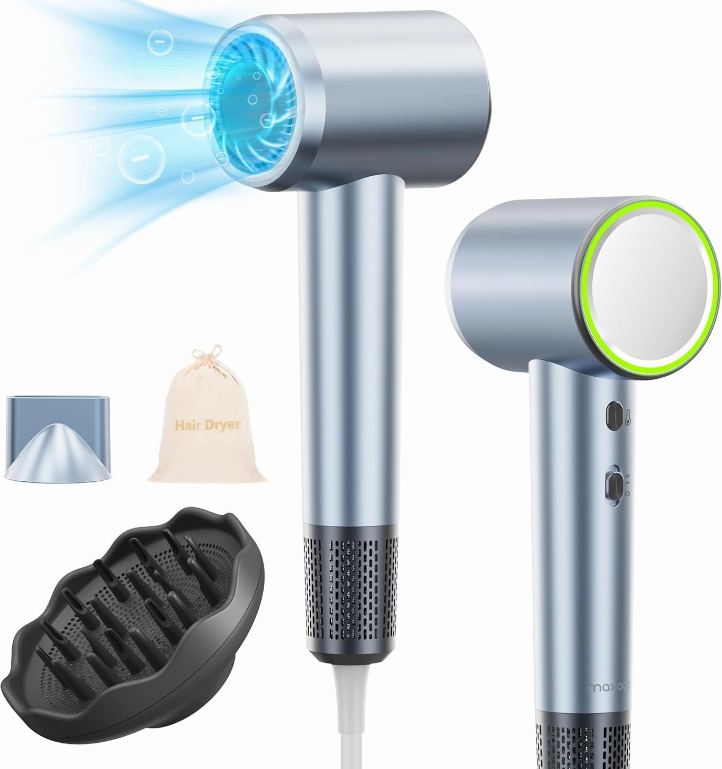 High Speed Hair Dryer with Diffuser, 110,000RPM Ionic Blow Dryer for Fast Drying, Portable Travel Low Noise Thermo-Control Hairdryer with Nozzle for Home Travel (Blue)