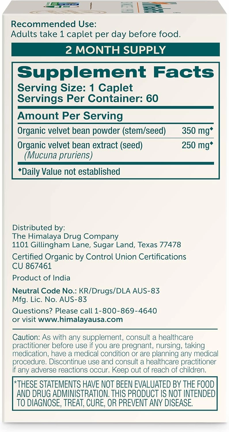 Himalaya Organic Mucuna/Pruriens Herbal Supplement, Supports Relaxation, Tension Relief, Brain Function, Non-GMO, USDA Organic, Vegan, Gluten Free, 600 mg, 60 Plant-Caplets, 60 Day Supply