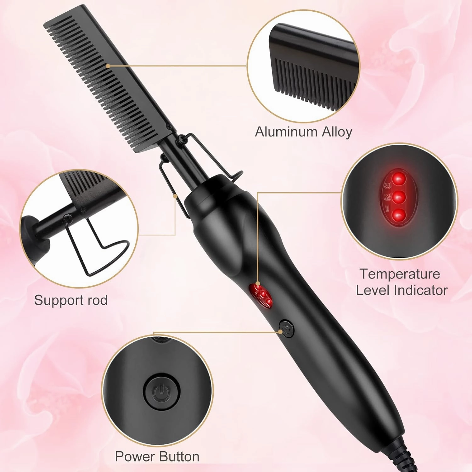 Hot Comb Portable Ceramic Travel Anti-Scald Straightening and Curling Brush - Electric Heated Flat Iron with Beard Pressing Comb