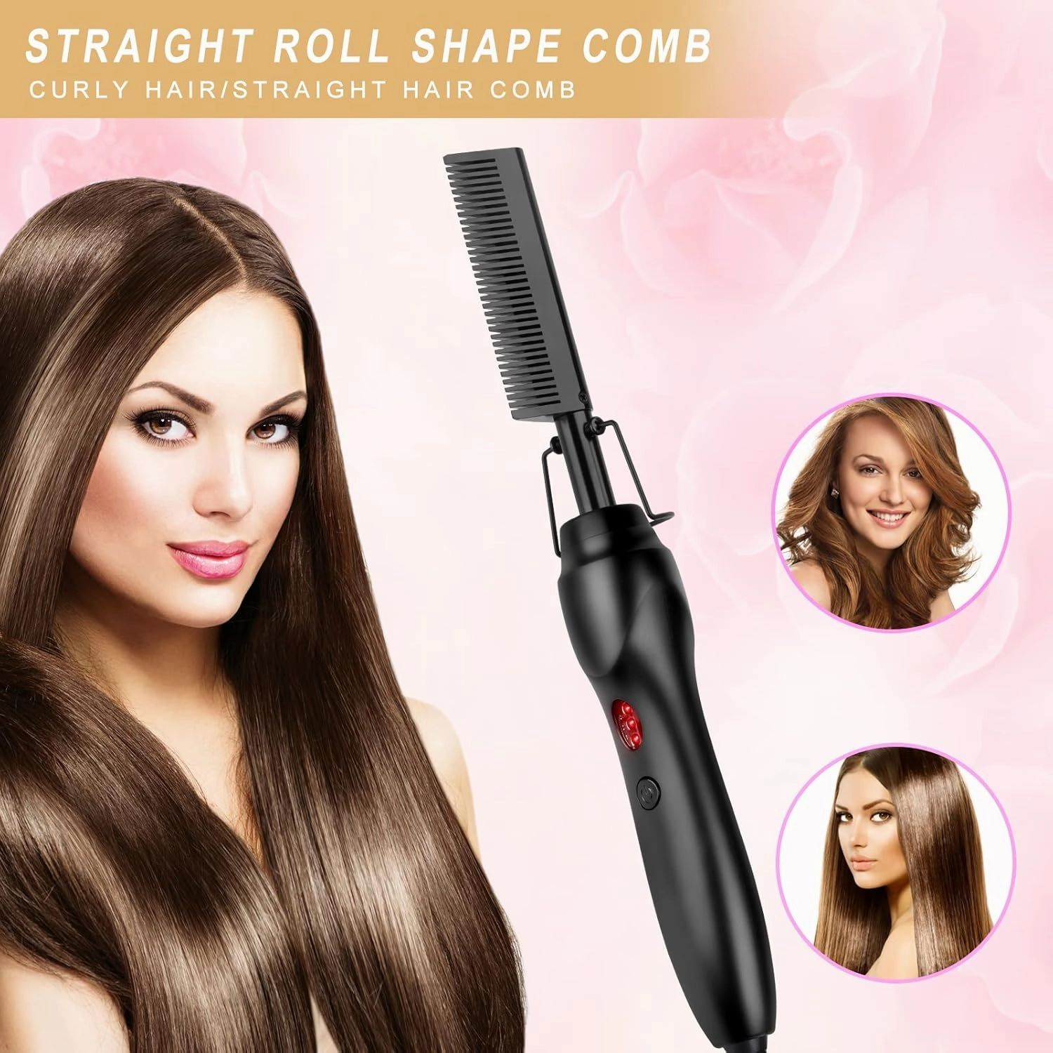 Hot Comb Portable Ceramic Travel Anti-Scald Straightening and Curling Brush - Electric Heated Flat Iron with Beard Pressing Comb