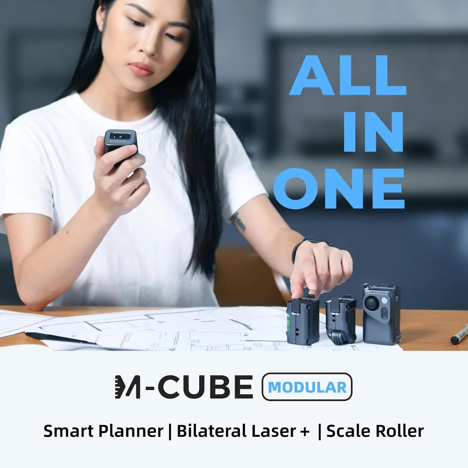 HOZO M-Cube Pro Laser Measuring Tool Combo:4 Modules Build to Adapt, M-Tripod & M-Protection Case, Rechargeable Modular Laser Distance Meter with Bilateral Laser, Digital Scale Roller | Bluetooth App