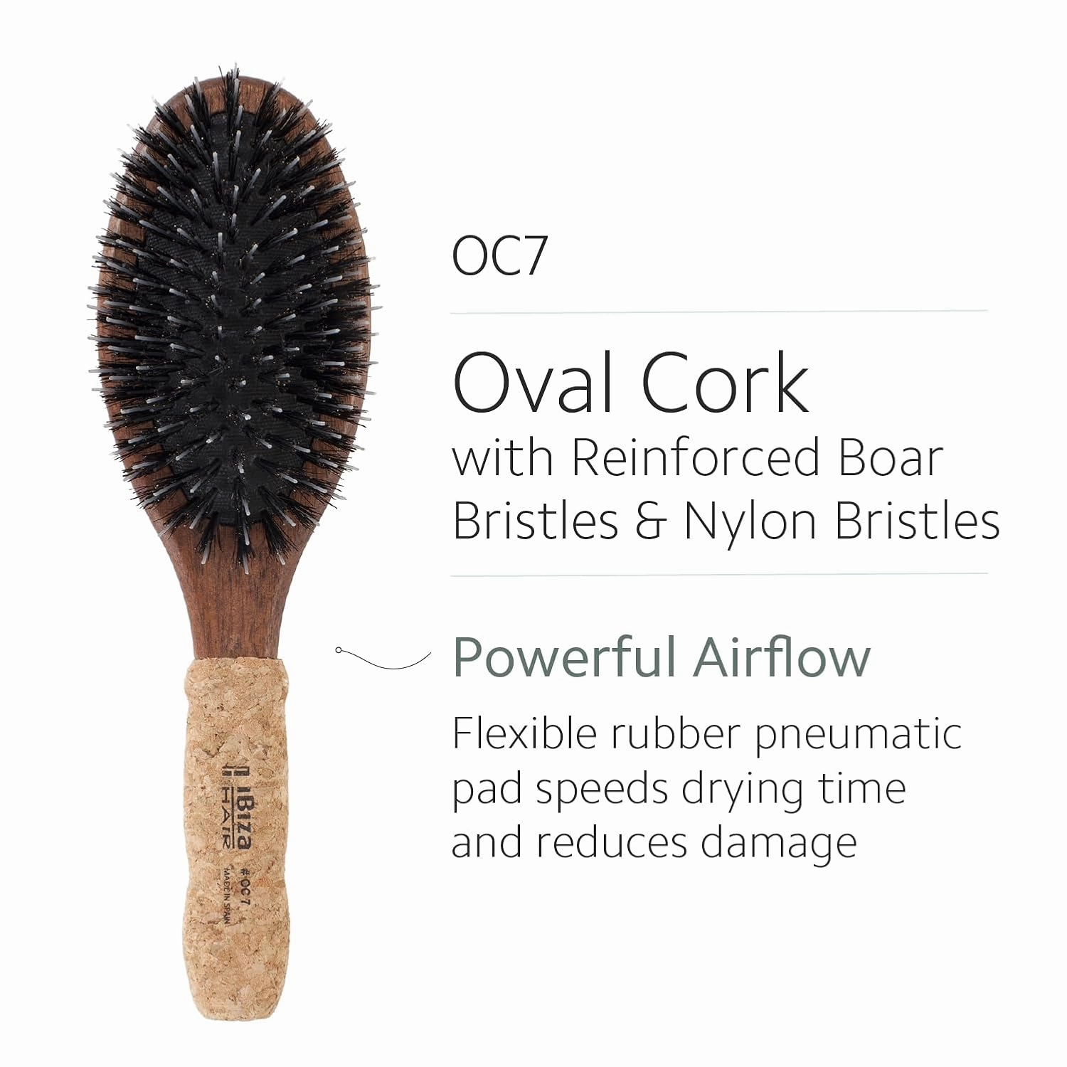 Ibiza Hair Oval Boar Flat Brush (OC Series) | Reinforced Boar & Nylon Bristles with Cork Handle | Creates Shiny Looks | Ideal for Short to Long Styles | Use Before or After Blowouts | Heat Resistant
