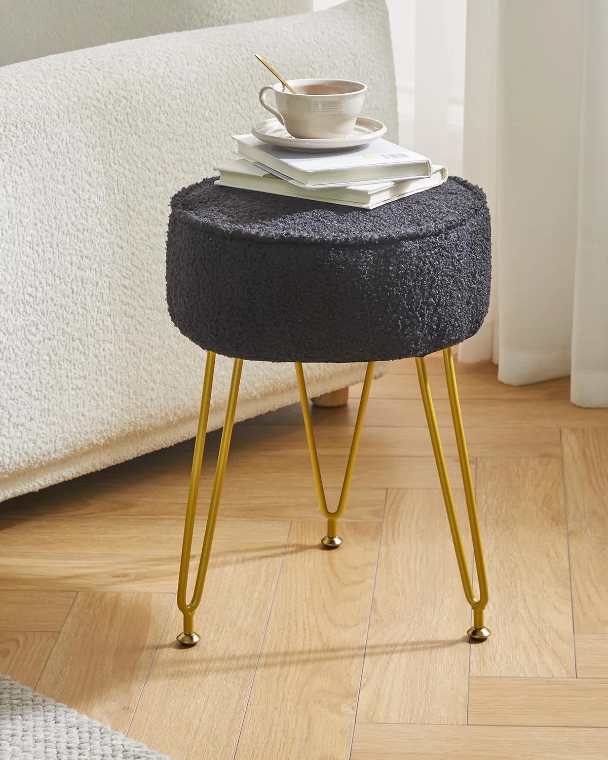 IBUYKE Teddy Velvet Round Footrest Ottoman, Makeup Vanity Side Table, Velvet Dressing Table Seat, Pouf Couch Stool for Living Room Bedroom, Black WBD009B