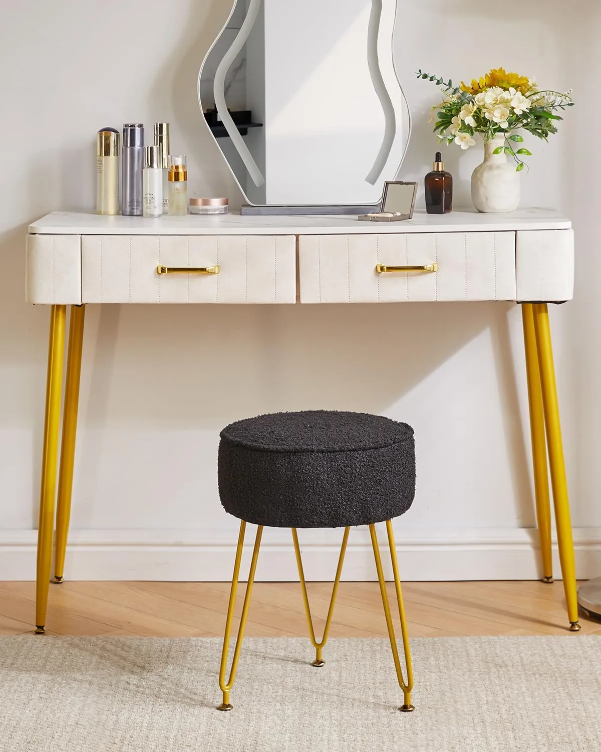 IBUYKE Teddy Velvet Round Footrest Ottoman, Makeup Vanity Side Table, Velvet Dressing Table Seat, Pouf Couch Stool for Living Room Bedroom, Black WBD009B