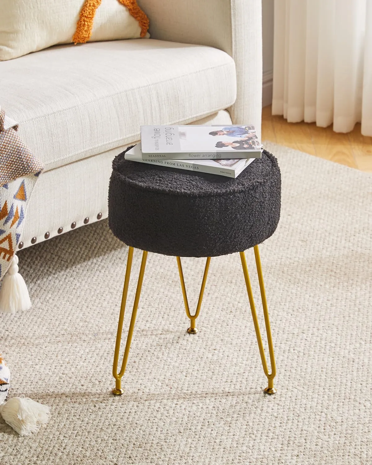 IBUYKE Teddy Velvet Round Footrest Ottoman, Makeup Vanity Side Table, Velvet Dressing Table Seat, Pouf Couch Stool for Living Room Bedroom, Black WBD009B