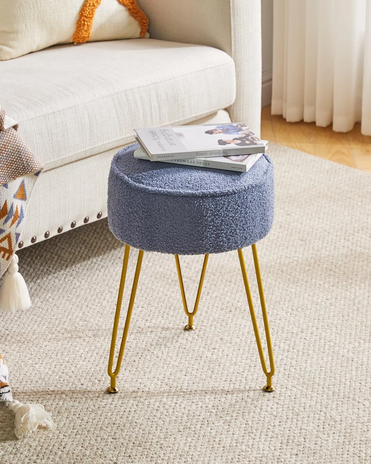 IBUYKE Teddy Velvet Round Footrest Stool Ottoman, Makeup Vanity Stool Side Table, Velvet Dressing Table Seat, Pouf Couch Stool, for Living Room Bedroom, Gray Blue WBD009BU
