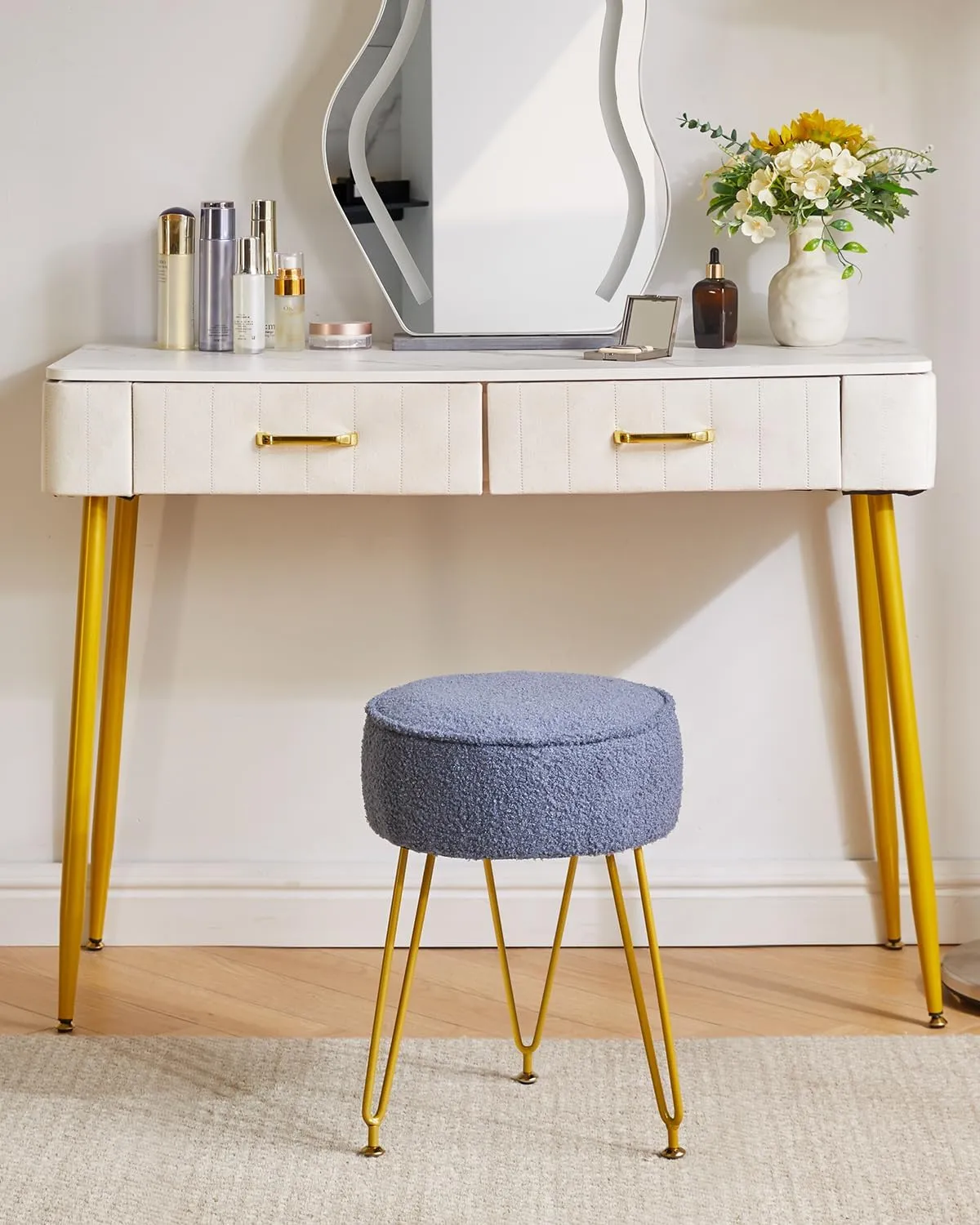 IBUYKE Teddy Velvet Round Footrest Stool Ottoman, Makeup Vanity Stool Side Table, Velvet Dressing Table Seat, Pouf Couch Stool, for Living Room Bedroom, Gray Blue WBD009BU
