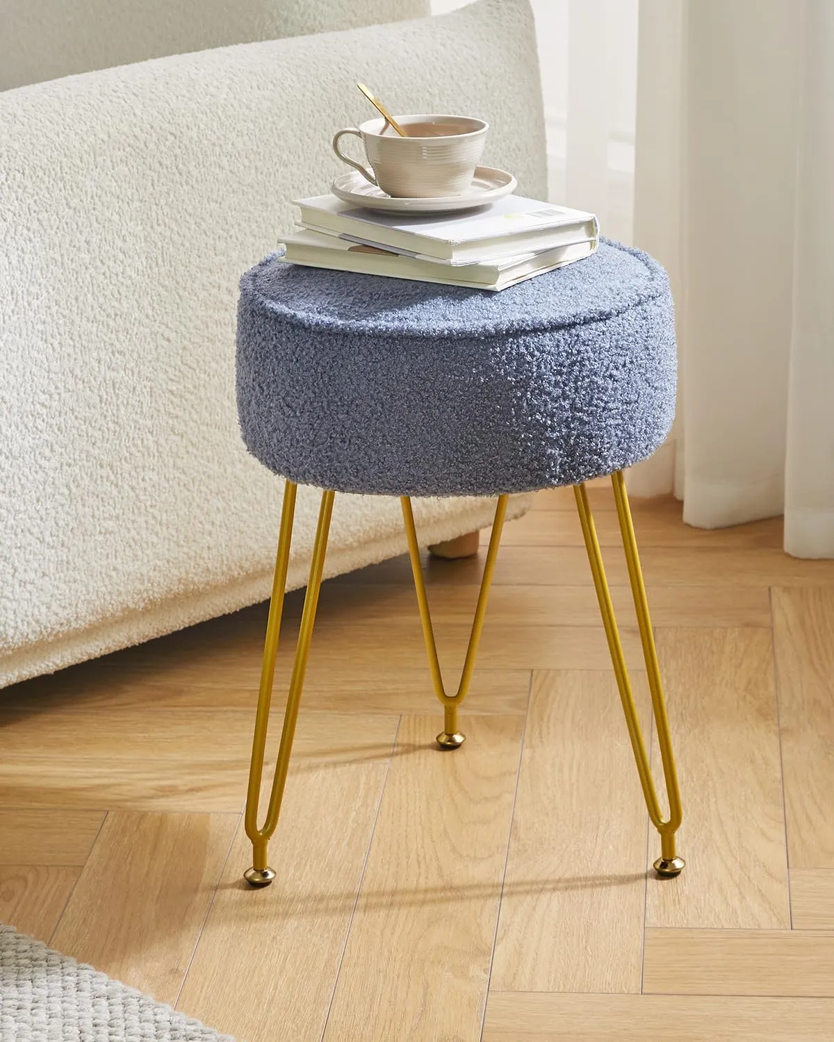 IBUYKE Teddy Velvet Round Footrest Stool Ottoman, Makeup Vanity Stool Side Table, Velvet Dressing Table Seat, Pouf Couch Stool, for Living Room Bedroom, Gray Blue WBD009BU
