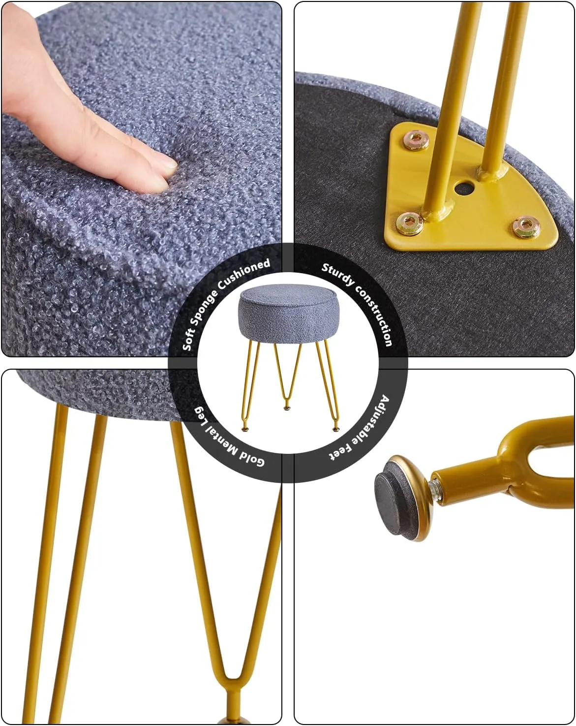 IBUYKE Teddy Velvet Round Footrest Stool Ottoman, Makeup Vanity Stool Side Table, Velvet Dressing Table Seat, Pouf Couch Stool, for Living Room Bedroom, Gray Blue WBD009BU