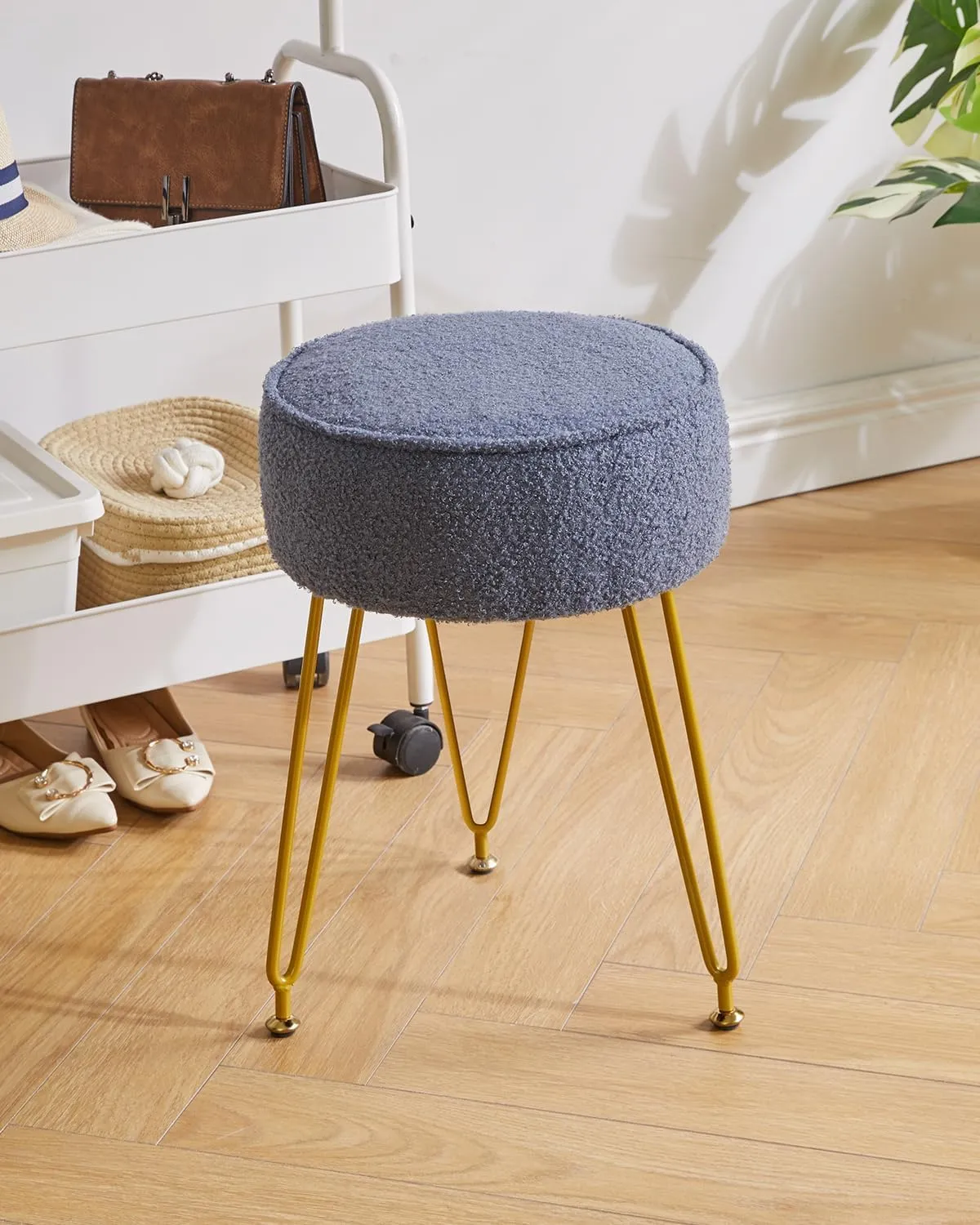 IBUYKE Teddy Velvet Round Footrest Stool Ottoman, Makeup Vanity Stool Side Table, Velvet Dressing Table Seat, Pouf Couch Stool, for Living Room Bedroom, Gray Blue WBD009BU