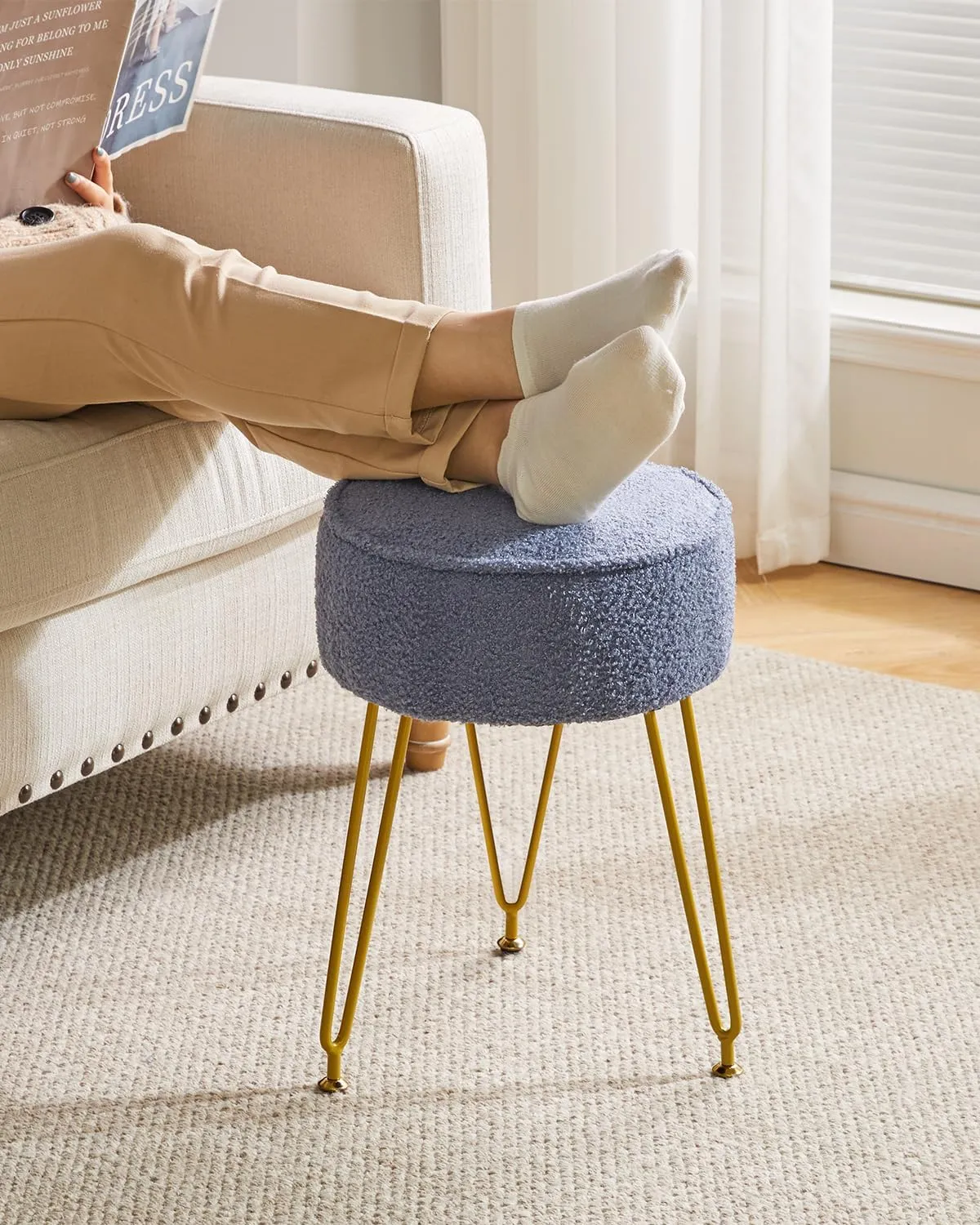 IBUYKE Teddy Velvet Round Footrest Stool Ottoman, Makeup Vanity Stool Side Table, Velvet Dressing Table Seat, Pouf Couch Stool, for Living Room Bedroom, Gray Blue WBD009BU