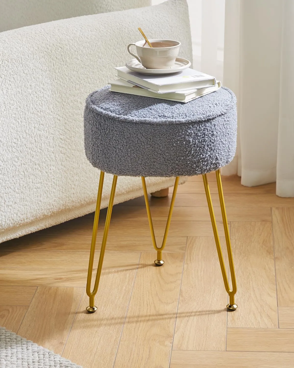 IBUYKE Teddy Velvet Round Footrest Stool Ottoman, Makeup Vanity Stool Side Table, Velvet Dressing Table Seat, Pouf Couch Stool, for Living Room Bedroom, Gray WBD009G