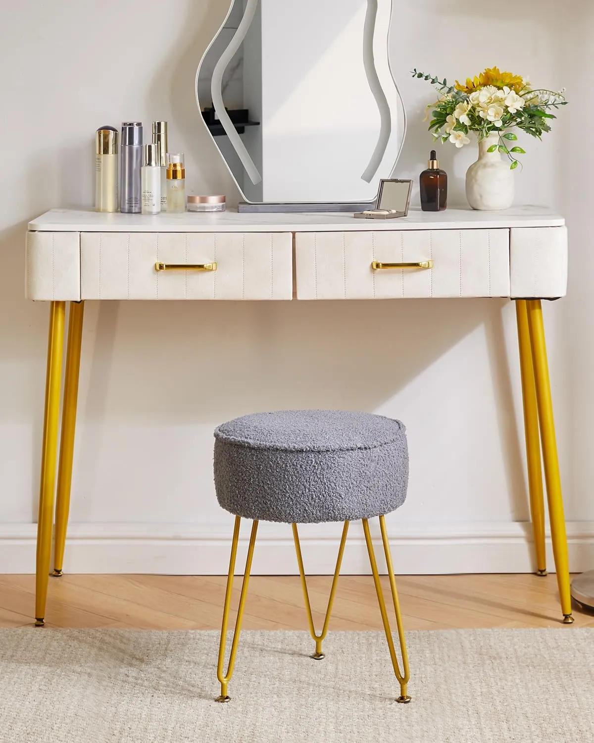 IBUYKE Teddy Velvet Round Footrest Stool Ottoman, Makeup Vanity Stool Side Table, Velvet Dressing Table Seat, Pouf Couch Stool, for Living Room Bedroom, Gray WBD009G