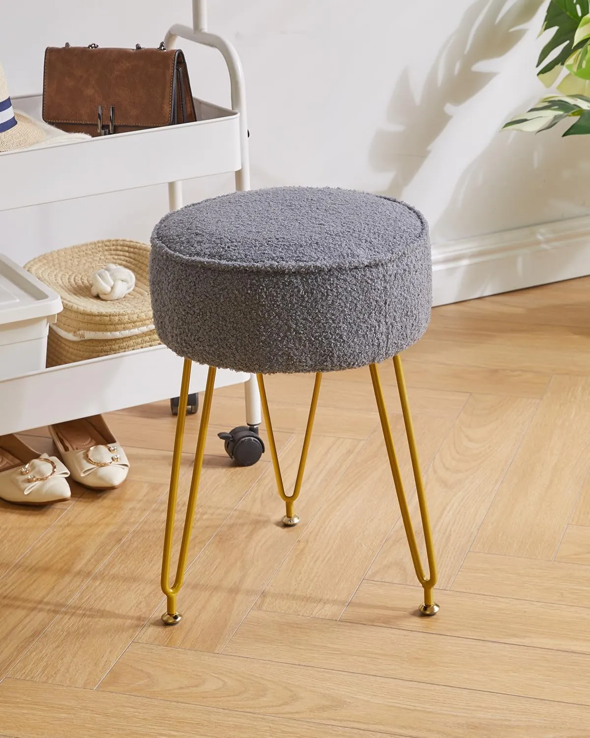 IBUYKE Teddy Velvet Round Footrest Stool Ottoman, Makeup Vanity Stool Side Table, Velvet Dressing Table Seat, Pouf Couch Stool, for Living Room Bedroom, Gray WBD009G