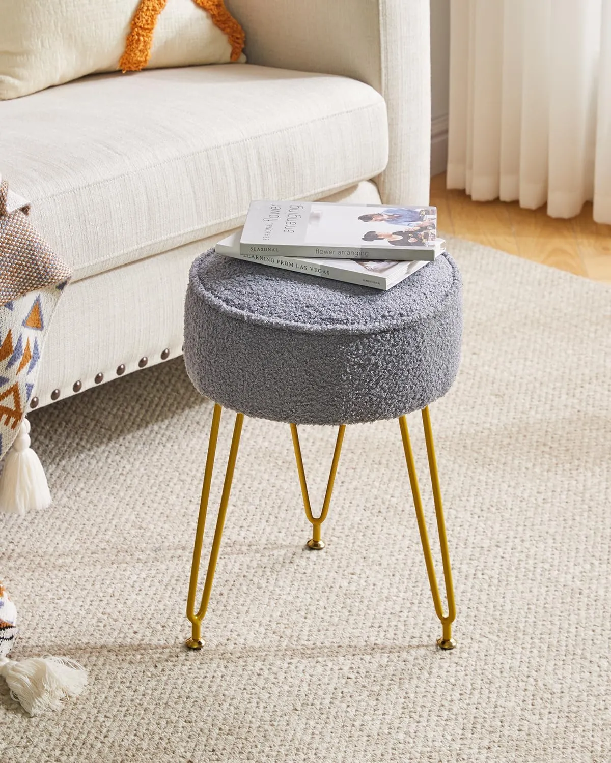 IBUYKE Teddy Velvet Round Footrest Stool Ottoman, Makeup Vanity Stool Side Table, Velvet Dressing Table Seat, Pouf Couch Stool, for Living Room Bedroom, Gray WBD009G