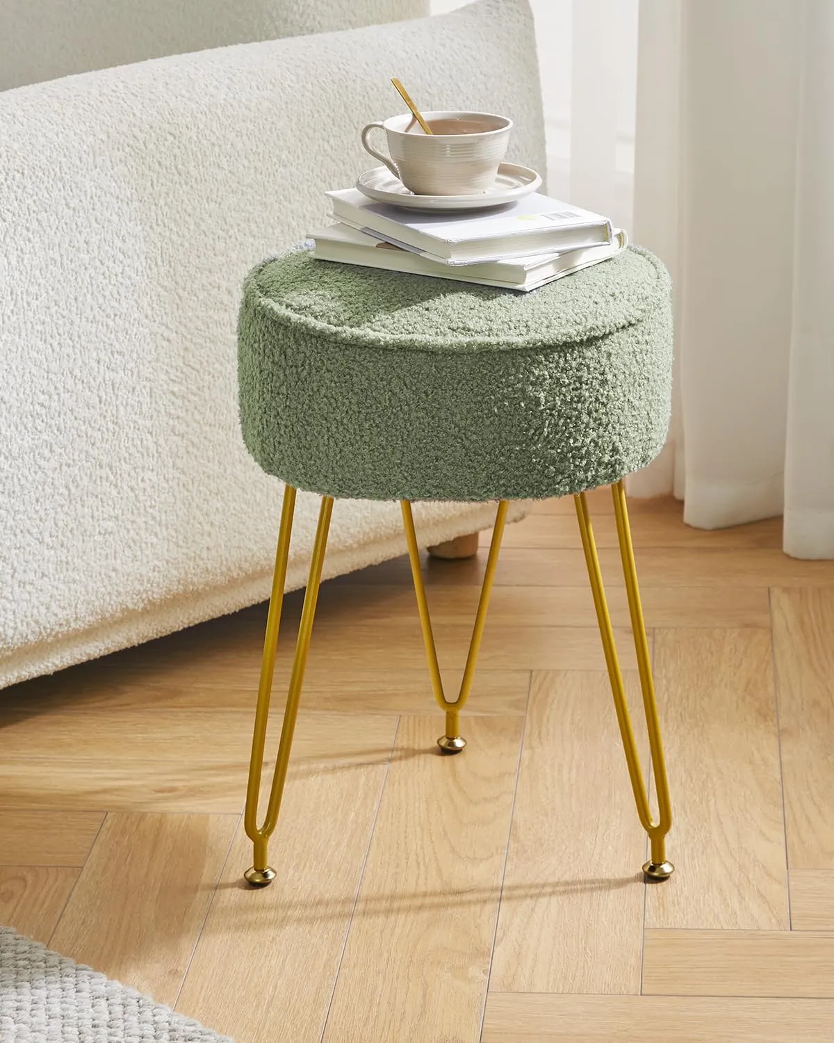 IBUYKE Teddy Velvet Round Footrest Stool Ottoman, Makeup Vanity Stool Side Table, Velvet Dressing Table Seat, Pouf Couch Stool, for Living Room Bedroom, Light Green WBD009D