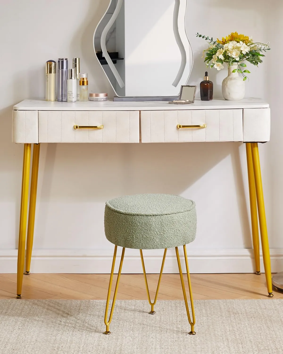IBUYKE Teddy Velvet Round Footrest Stool Ottoman, Makeup Vanity Stool Side Table, Velvet Dressing Table Seat, Pouf Couch Stool, for Living Room Bedroom, Light Green WBD009D