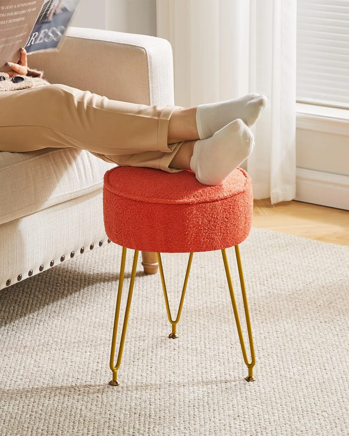 IBUYKE Teddy Velvet Round Footrest Stool Ottoman, Makeup Vanity Stool Side Table, Velvet Dressing Table Seat, Pouf Couch Stool, for Living Room Bedroom, Orange WBD009J