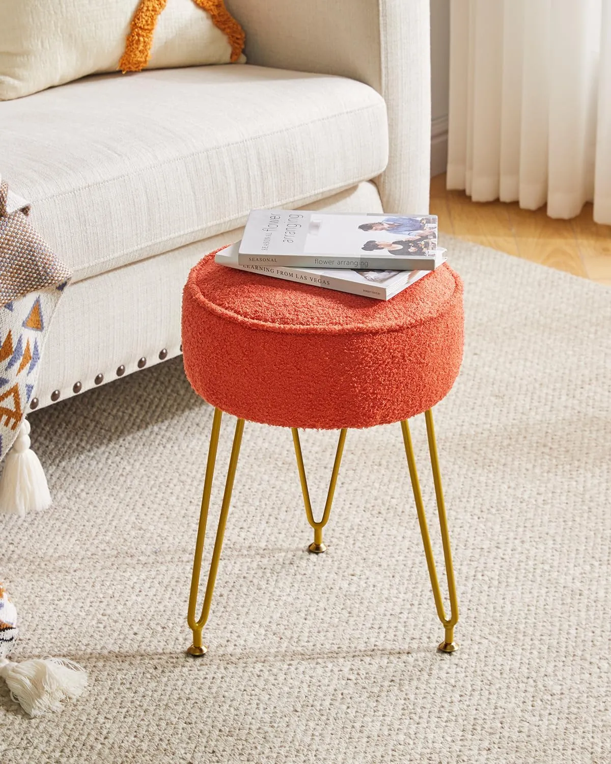 IBUYKE Teddy Velvet Round Footrest Stool Ottoman, Makeup Vanity Stool Side Table, Velvet Dressing Table Seat, Pouf Couch Stool, for Living Room Bedroom, Orange WBD009J