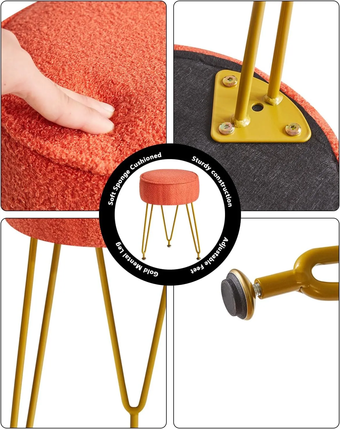 IBUYKE Teddy Velvet Round Footrest Stool Ottoman, Makeup Vanity Stool Side Table, Velvet Dressing Table Seat, Pouf Couch Stool, for Living Room Bedroom, Orange WBD009J