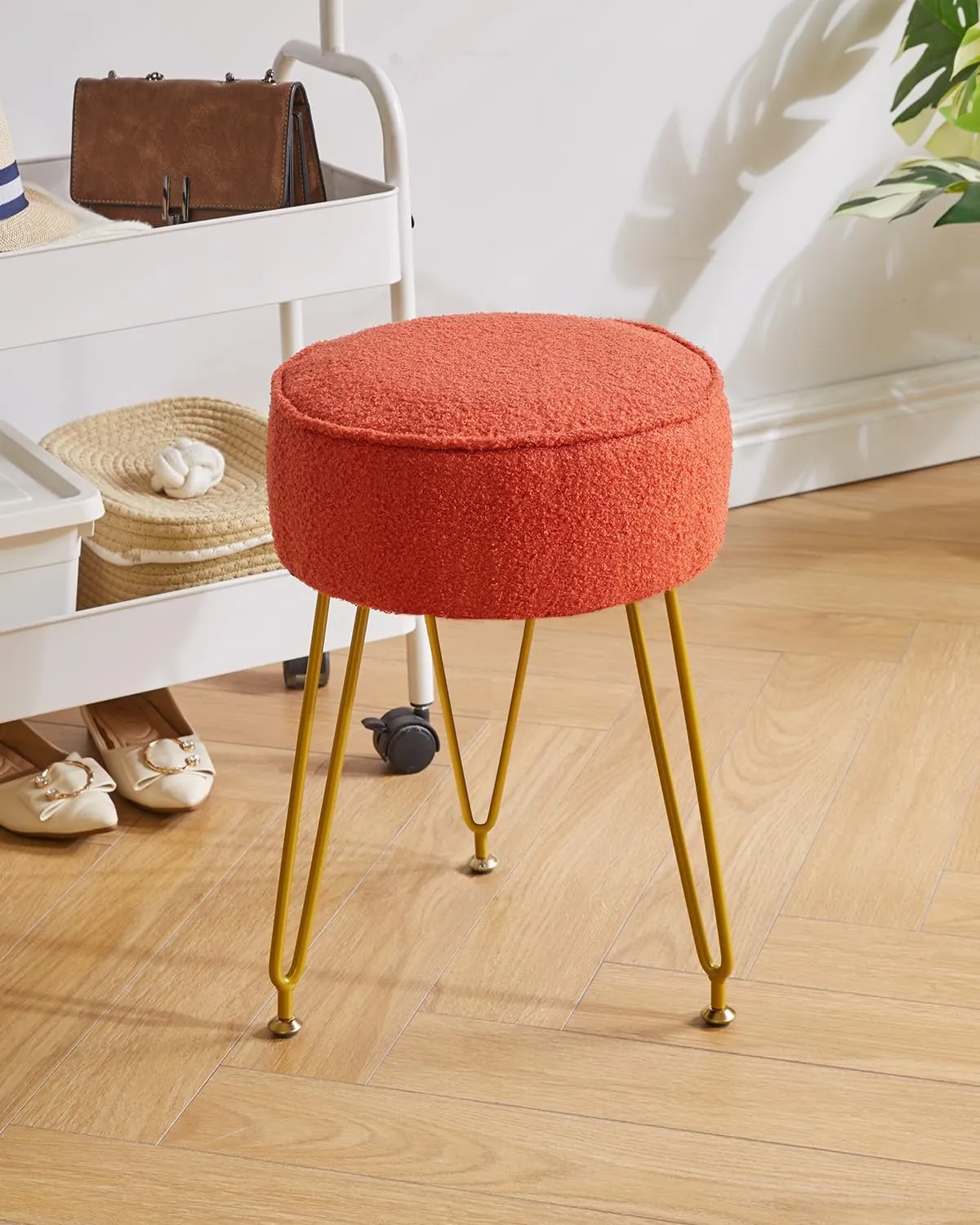 IBUYKE Teddy Velvet Round Footrest Stool Ottoman, Makeup Vanity Stool Side Table, Velvet Dressing Table Seat, Pouf Couch Stool, for Living Room Bedroom, Orange WBD009J