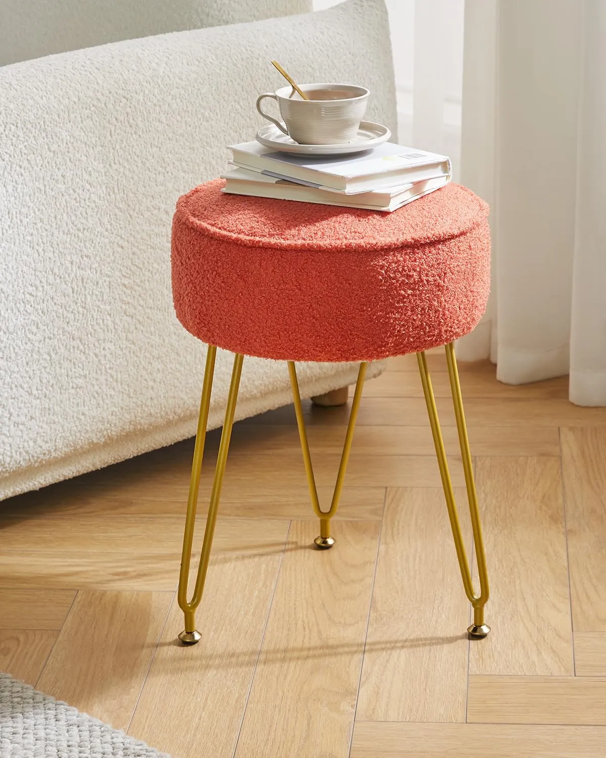 IBUYKE Teddy Velvet Round Footrest Stool Ottoman, Makeup Vanity Stool Side Table, Velvet Dressing Table Seat, Pouf Couch Stool, for Living Room Bedroom, Orange WBD009J