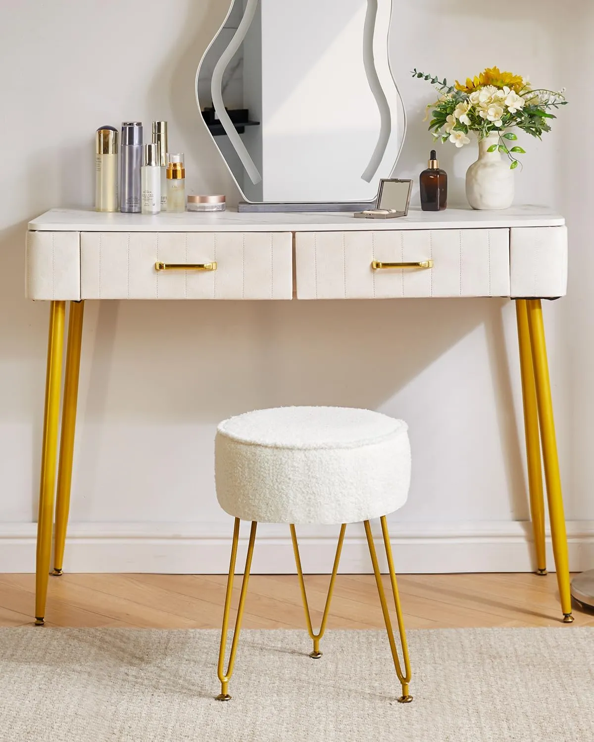 IBUYKE Teddy Velvet Round Footrest Stool Ottoman, Makeup Vanity Stool Side Table, Velvet Dressing Table Seat, Pouf Couch Stool, for Living Room Bedroom, White WBD009W