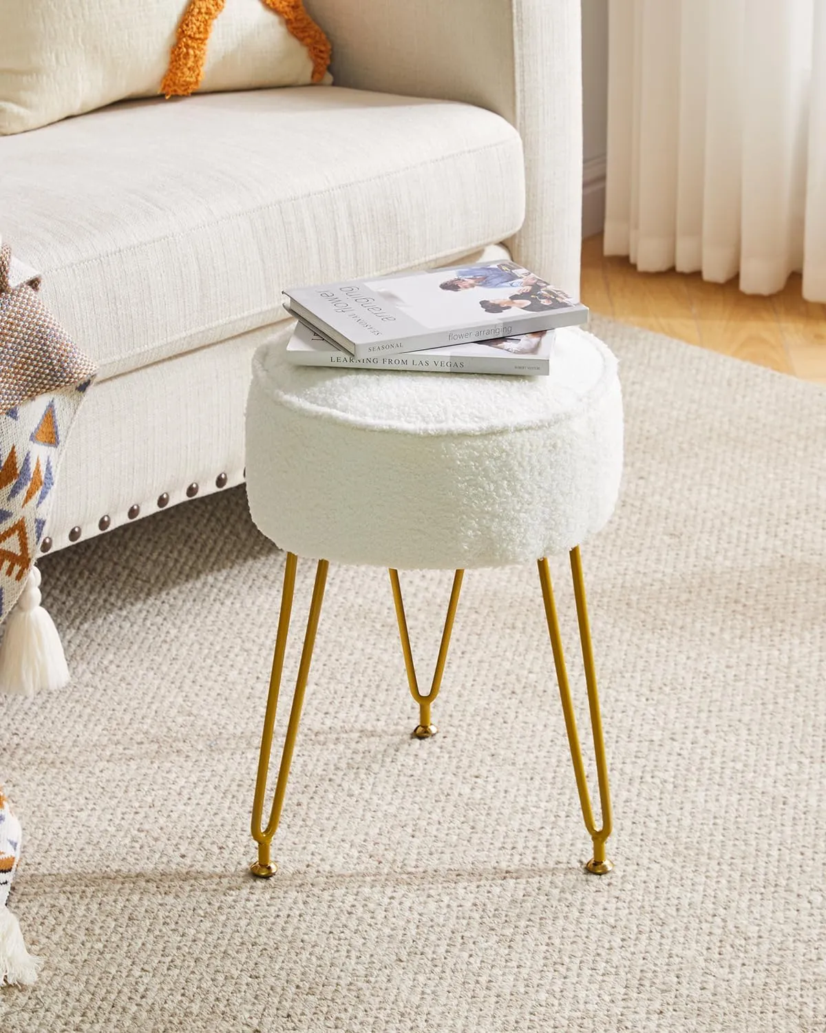 IBUYKE Teddy Velvet Round Footrest Stool Ottoman, Makeup Vanity Stool Side Table, Velvet Dressing Table Seat, Pouf Couch Stool, for Living Room Bedroom, White WBD009W
