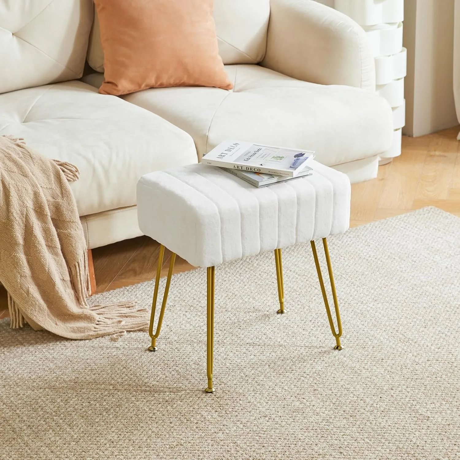 IBUYKE Velvet Rectangular Footrest Stool Ottoman, Makeup Vanity Stool Side Table, Velvet Dressing Table Seat, Pouf Couch Stool, Golden Steel Legs, White LG-51W