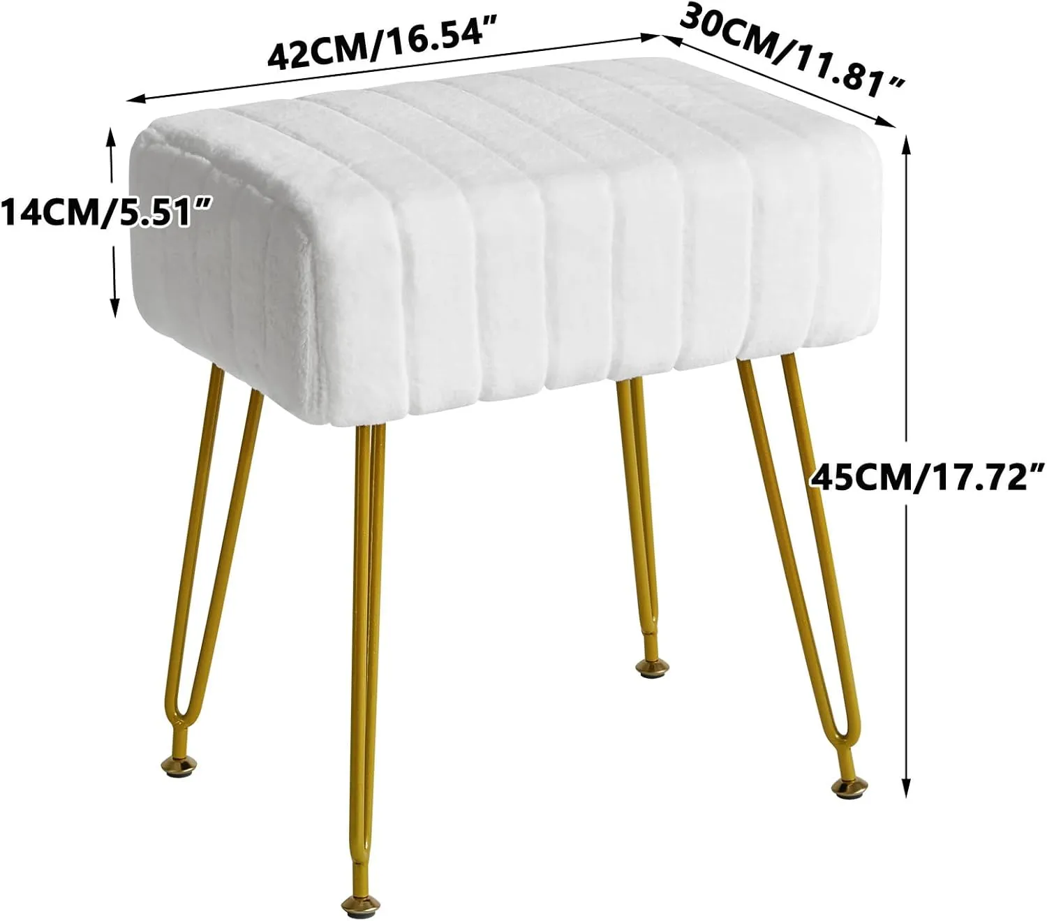 IBUYKE Velvet Rectangular Footrest Stool Ottoman, Makeup Vanity Stool Side Table, Velvet Dressing Table Seat, Pouf Couch Stool, Golden Steel Legs, White LG-51W